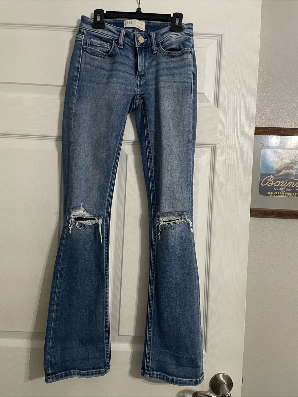 BKE Women's Medium Wash Distressed Flare Jeans - Blue